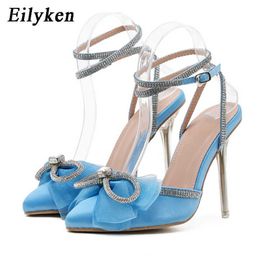 Eilyken Glitter Rhinestones Pink Women Pumps Crystal Bowknot Satin Summer Lady Shoes High heels Party Stripper Shoes Size 41 42 Y0611