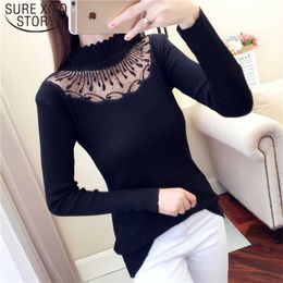 Long Sleeve Hollow Out Ladies Winter White Sweater Elasticity Basic Sweater Lace Turtleneck Pullovers Sexy Sweaters 7169 50 210527