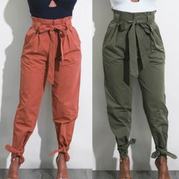 Women Pants Solid Colour Strap Drawstring High Waist Loose All-match Casual Streetwear Harem Pants Autumn Full Length Bottom 210422