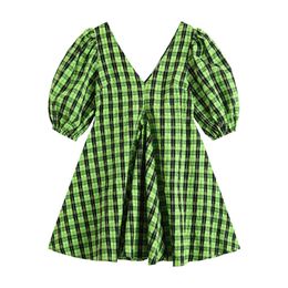 Dress Puff Sleeve Mini Short Summer Green Plaid V Neck D1834 210514