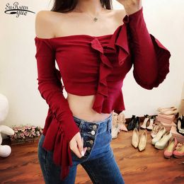 Short Slash Neck Sexy Tops Women Blouse Ruffled Long Sleeve Blouse Spring Solid Cotton Casual Fashion Shirts for Women 12575 210527