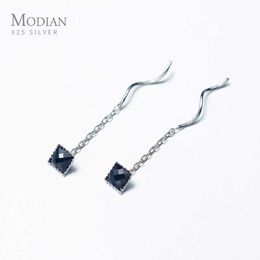 Square Zirconia Long Earring Real 925 Sterling Silver Drop Earrings Gift for Women Wedding Engagement Statement Jewellery 210707