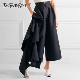 Ruffles Patchwork Pants For Women High Waist Large Size Wide Leg Trousers Female Spring Fashion OL Clothing 210521