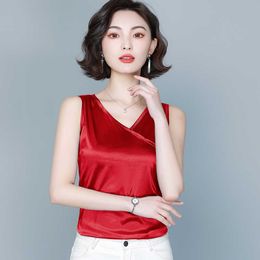 Korean Women Blouses Shirts for Woman Solid Satin V-Neck Chiffon Sleeveless s Tops 210604