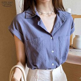 Casual Plus Size Loose Cardigan Blouse Solid Blusas Mujer De Moda Summer Cotton Short Sleeve Blue Women Shirt 10289 210415