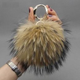 Luxury Brand 15 cm Real Fox Pom Poms Fur Pompom Ball High Quality Keychain Key Chain Metal Ring Pendant For Women F281