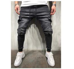 Man Lining Leisure Denim Pants Upon Multi-pocket Biker Streetwear Slim Elastic Joggers Soild Colour Jeans X0621