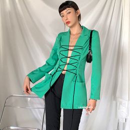 Long-sleeved Suit Green Lace Up Bandage Women Cross Blazer Pocket Streetwear Spring Office Lady Outwear Coats 210510