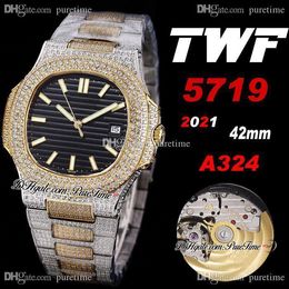 2021 TWF 5719 Cal A324 Automatic Mens Watch Two Tone Yellow Gold Paved Diamonds Case Black Dial Iced Out Diamond Bracelet Super Edition Jewellery Watches Puretime e05