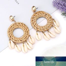 Drop Shipping Summer Earring with Handmade Staw Weave Rattan Knit Earring for Women Ocean Sea Beach Shell Earring