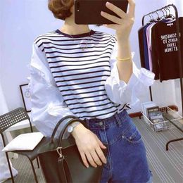 Spring Autumn Korea Fashion Women Long Sleeve Patchwork Stripe T Shirts All-matched Casual O-neck Tee Shirt Femme Tops S101 210512