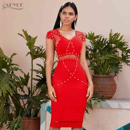 Summer Red Lace Bandage Dress Women Sexy Hollow Out Bodycon Club Celebrity Evening Runway Party Dresses Vestidos 210423