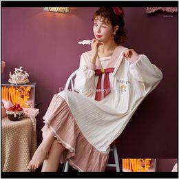 Womens Underwear Apparel Drop Delivery 2021 Autumn Winter Women Warm Sleepwear Dress Kawaii Navy Collar Bow Nightgown Cotton Home Suit Cute P