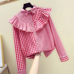 Autumn Fashion Womens Turn Down Collar Ruffles Plaid Shirt Tops Female Long Sleeves Blouses Shirts A2717 210428