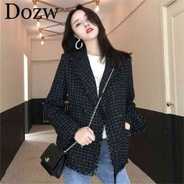 Women Blazer Casual Office Plaid Jacket Autumn Notched Collar Long Sleeve Tweed Suit Ladies Jackets Double Breasted Coat 210515