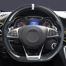 Car Steering Wheel Cover Non-Slip Black Carbon Fibre Leather For Mercedes Benz S-Class S500 2016 A-Class AMG A45 2016-2019