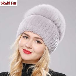 Women Winter Luxury Real Rex Rabbit Fur Hat Knitted Top Natural Cap Genuine Beanies 211119