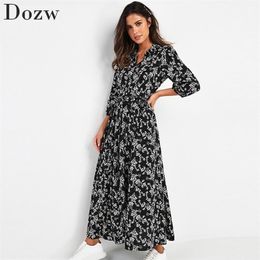 Vintage Floral Print Maxi Dress Women Boho Three Quarter Sleeve Long Sashes Dress Turn Down Collar Casual Shirt Dresses Robe 210730