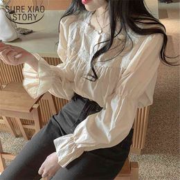 Casual Solid Cardigan Shirts Autumn Lace Stitching Square Collar Puff Long Sleeve Women Blouse Blusas Mujer 10955 210415