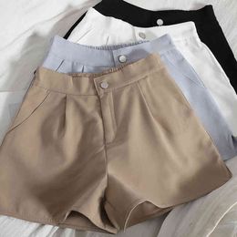 Fashion split shorts women's spring summer styles solid color wide-leg Korean high-waist simple straight-leg 210420