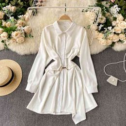 White Black Shirt Dress Women Chic Long Sleeve Spring Turn-down Collar Slim Waist Irregular Casual Short es 210603