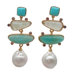 YYGEM Natural geometric Turquoise Amazonite Prehnite Freshwater White Pearl Stud Earrings gold Filled office style for women