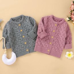 Autumn Winter Baby Boys Girls Pure Colour Hollow Out Knit Jacket Infant Kids Boy Girl Long Sleeve Cardigan Coat Clothing 210429