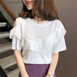 Loose Stitching Ruffled Knitted Sweater Women Strapless O-neck Sexy Short Sleeve Bottoming Pullover Spring Summer 210427