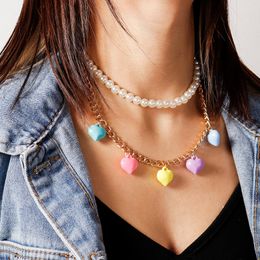 2 Layers Cute Colorful Love Heart Choker Necklace 2021 Harajuku Imitation Pearl Necklaces Women Summer Couple Bohemian Jewelry