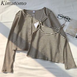 Kimutomo Fashion 2 Piece Set Women Spring Autumn Korea Style Ladies Wild Striped Short Camis and O-neck Cardigans Casual 210521