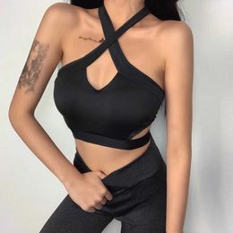 QuanRun Fashion Women Sleeveless Cross Halter Hollow Out Sexy Femmal Crop Tops Slim Vest Streetwear Spring Summer 210604