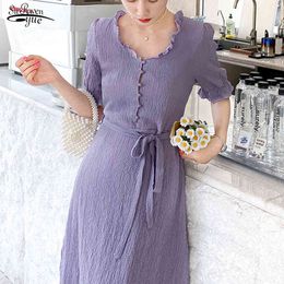 Dress Women's Solid A Line Summer Medium-Length es Purple Vestidos Vintage Puff Short Sleeve Midi Women 9828 210508