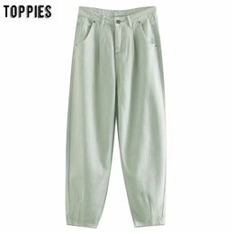 fashion light green denim pants womens harem high waist loose trousers streetwear 210421