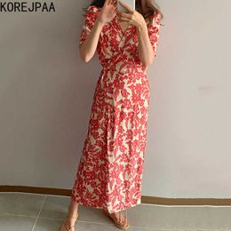 Korejpaa Women Dress Summer Korean Chic Temperament Gentle V-Neck Cross-Tie Waist Floral Short-Sleeved Vestidos 210526