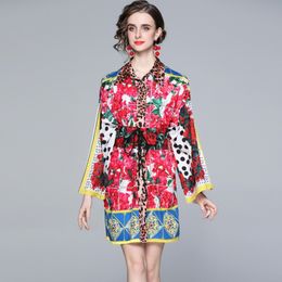 Summer Leopard Rose Flower Printed Shirt Women Long Flare Sleeve Turn Down Collar Single-Breasted Loose Dress With Belt 210514