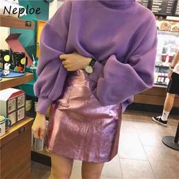 Autumn Lantern Sleeve Women Sweater Loose Korean Half-high Collar Knitted Pullovers Solid Colour Warm Fashion Top 210422