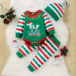 Babies Girl Boy Christmas Three-piece Clothes Set Stripe Printed Pattern Romper Pants Cap Body Baby Suits Baby Clothing G1023