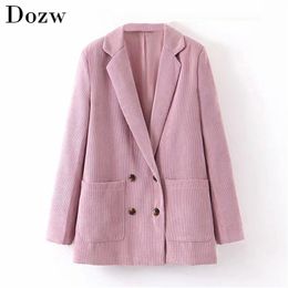 Women Double Breasted Pink Blazers Autumn Striped Pockets Long Sleeve Casual Coat Suit Notched Neck Office Fashion Jacket Lady 210515