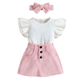 Children's suit summer 2022 new girl's baby cotton small flying sleeve pit strip top corduroy short skirt hair band three piece G220217