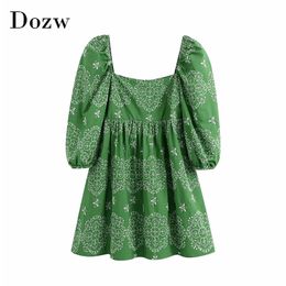 Chic Floral Embroidery Mini Dress Women Vintage Puff Sleeve Green Pleated Female Square Collar Casual es 210515