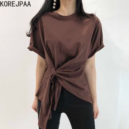 Korejpaa Women T-Shirt Summer Korean Chic Girls Niche Design Round Neck Loose Casual Irregular Twist Short-Sleeved Pullover 210526