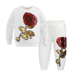 Girls Clothes Spring autumn sports clothing set Rose Sequin Applique Long-sleeved Sweatshirt + Pants