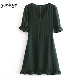 Women Sexy Backless Green Dress Female V Neck Short Sleeve A-line Mini Summer Chiffon OMZZ6881 210514