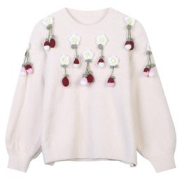 Korean Version Of The Winter Women's Pullover Long Sleeve Round Neck Flower Embroidery Thick Loose Apricot Knit Top Sweaters