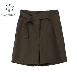 Korean Style Women's Shorts Summer Fashion Belt Irregular Design High Waist Straighting Female Soild Colour Casual 210515