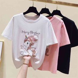 gkfnmt Summer Tops Beading Tshirt T-Shirt Casual Tee Femme Korean Cotton Short Sleeve Girls T Women Clothes 210507