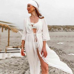 Cotton Beach Cover up Kaftan Sarong Bathing Suit Lace s Pareo Swimsuit Womens Swim Wear Tunic #Q839 210420