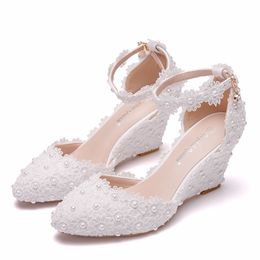 Summer Ladies 7.5CM Pointed Toe Wedge Lace Sandals Large Size White Lace Wedding Shoes Buckle Strap Female Women Shoes