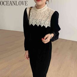 Autumn Winter Lace Patchwork Fashion Korean Elegant Long Dresses Velvet Black Evening Party Dress Women 18463 210415