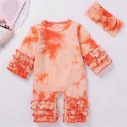 Children's Clothing Girls Autumn Winter Tie-Dye Siamese Romper Bowknot Set Baby Girl Clothes 210528